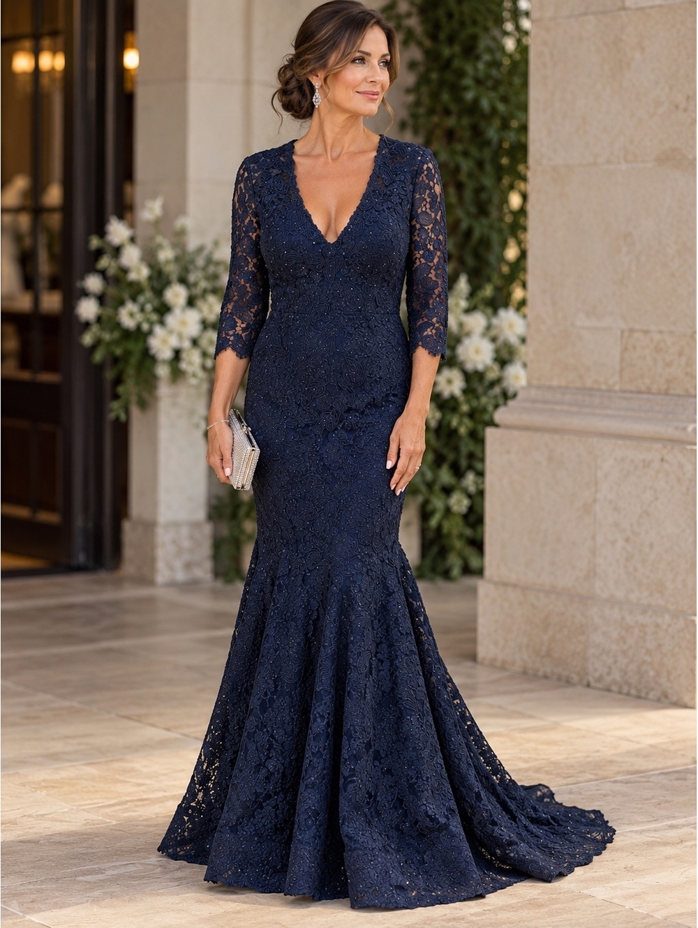 Marsoni Navy Blue Lace Mermaid Evening Gown with Three-Quarter Sleeves size 18